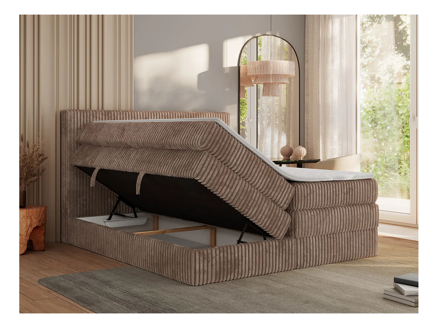 Boxspringbett TILIANO KING, Multipocket-Matratze, Cord Bett, Kopfteil und zwei Bettkästen - 160x200 cm - H3 - Braun Cord