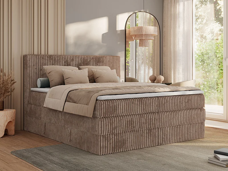 Boxspringbett TILIANO KING, Multipocket-Matratze, Cord Bett, Kopfteil und zwei Bettkästen - 160x200 cm - H3 - Braun Cord