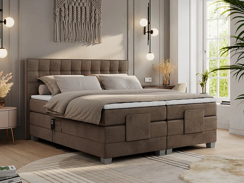 Boxspringbett ELEKTRO mit Multipocket-Matratze, Elektrisch verstellbare, genähtes Kopfteil - 200x200 cm - H3 - Braun Velvet