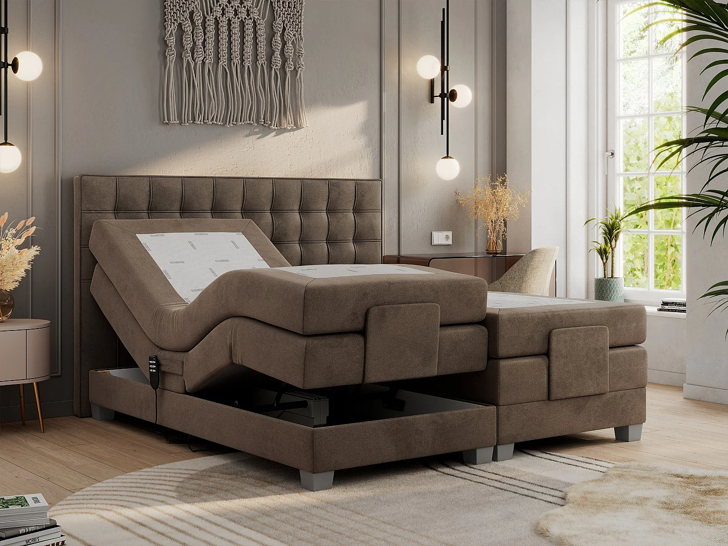 Boxspringbett ELEKTRO mit Multipocket-Matratze, Elektrisch verstellbare, genähtes Kopfteil - 200x200 cm - H3 - Braun Velvet