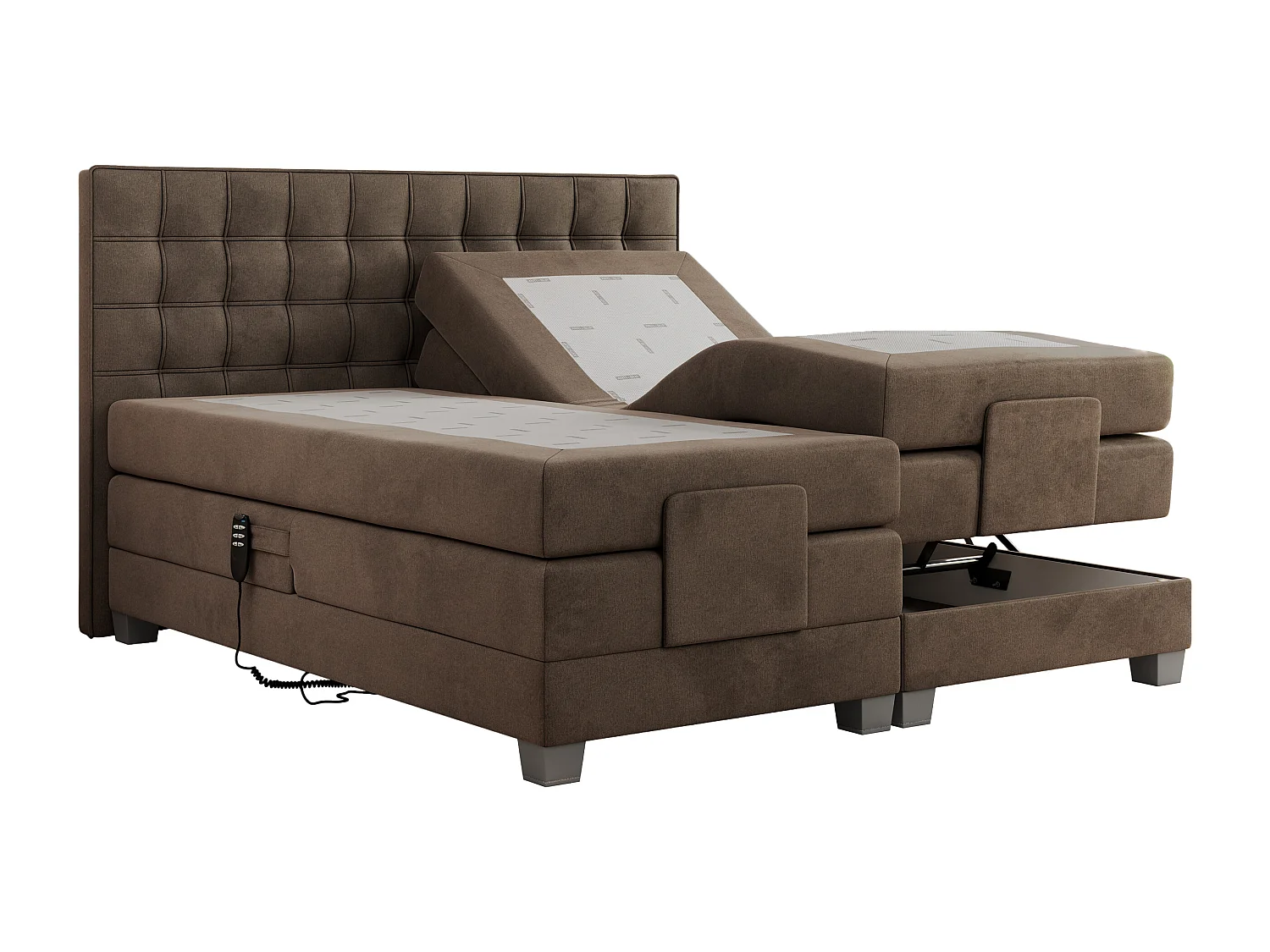 Boxspringbett ELEKTRO mit Multipocket-Matratze, Elektrisch verstellbare, genähtes Kopfteil - 200x200 cm - H3 - Braun Velvet
