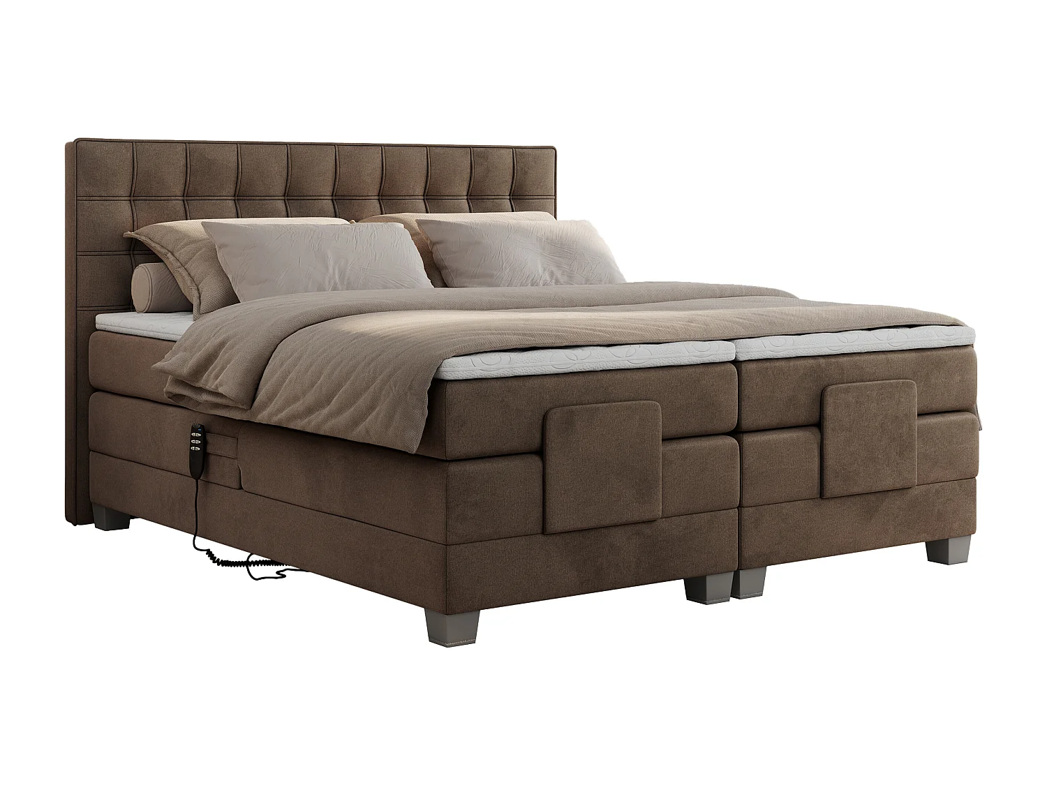 Boxspringbett ELEKTRO mit Multipocket-Matratze, Elektrisch verstellbare, genähtes Kopfteil - 200x200 cm - H3 - Braun Velvet