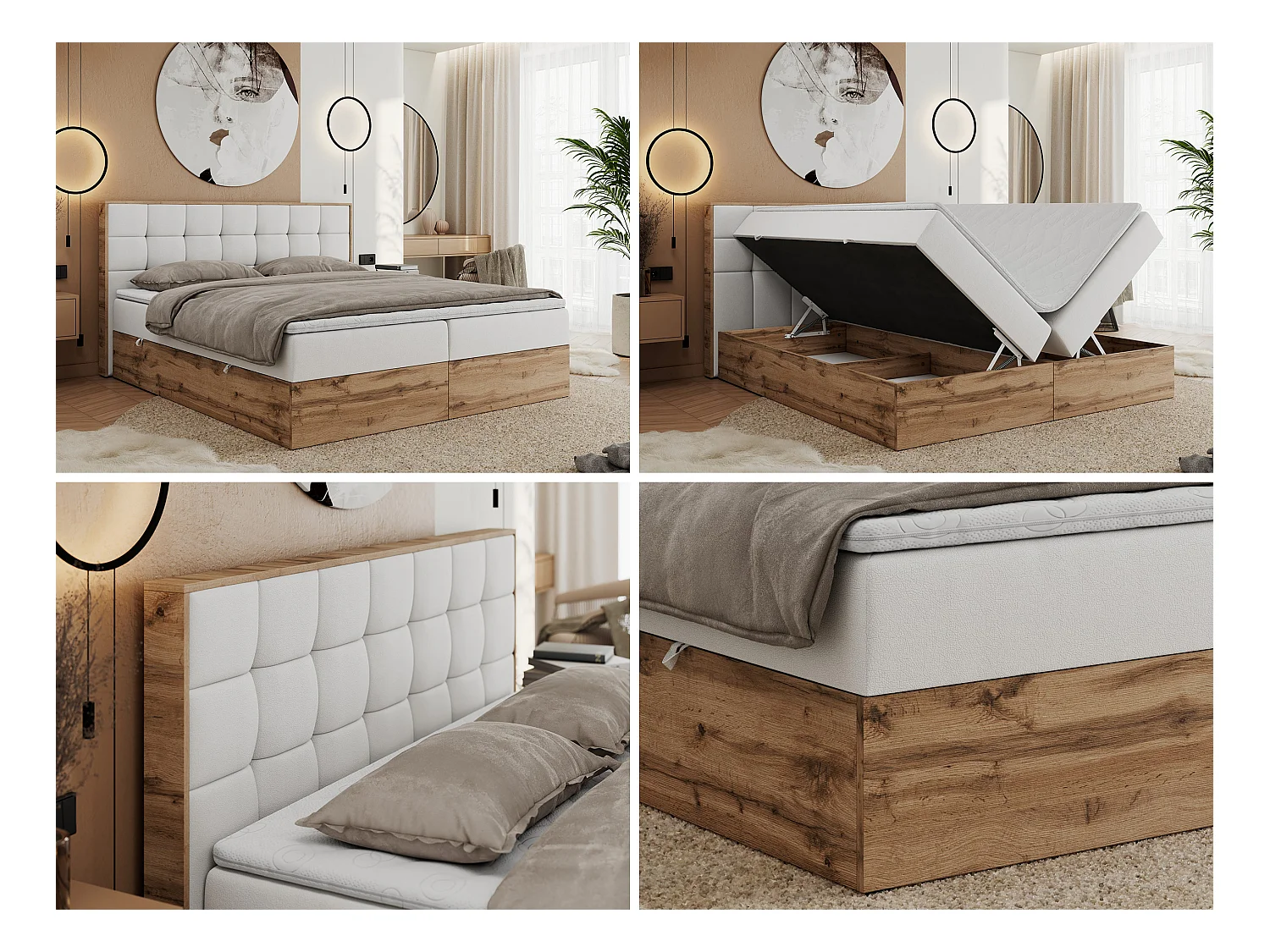 Boxspringbett ALBERO 1, Polsterbett mit gestepptem Kopfteil, Multipocket-Matratze - 180x200 cm - H4 - Weiß Kunstleder