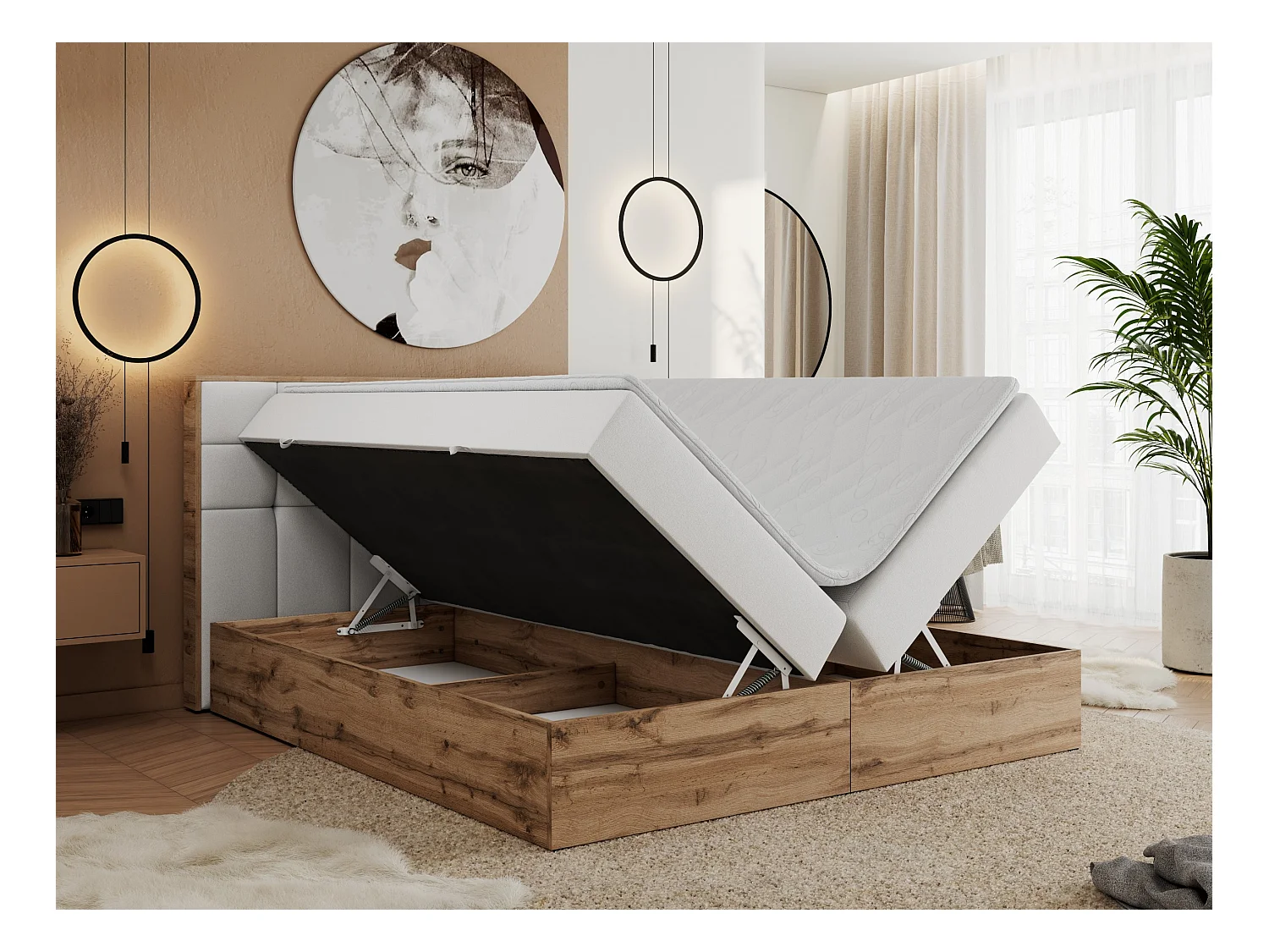 Boxspringbett ALBERO 1, Polsterbett mit gestepptem Kopfteil, Multipocket-Matratze - 180x200 cm - H4 - Weiß Kunstleder