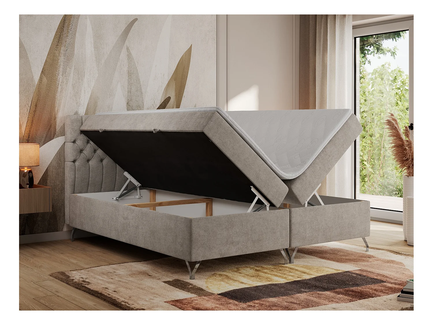 Boxspringbett GRIMALDI mit zwei Bettkästen, gesteppter Kopfstütze, Metallfüßen - 200x200 cm - H4 - Beige Strukture