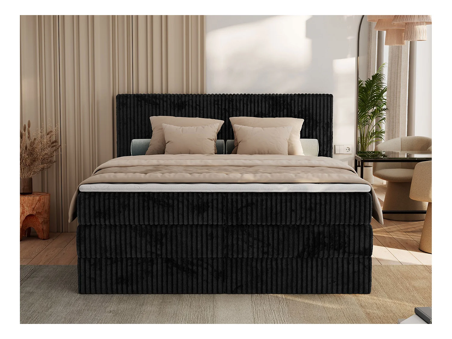 Boxspringbett TILIANO KING, Multipocket-Matratze, Cord Bett, Kopfteil und zwei Bettkästen - 200x200 cm - H3 - Schwarz Cord