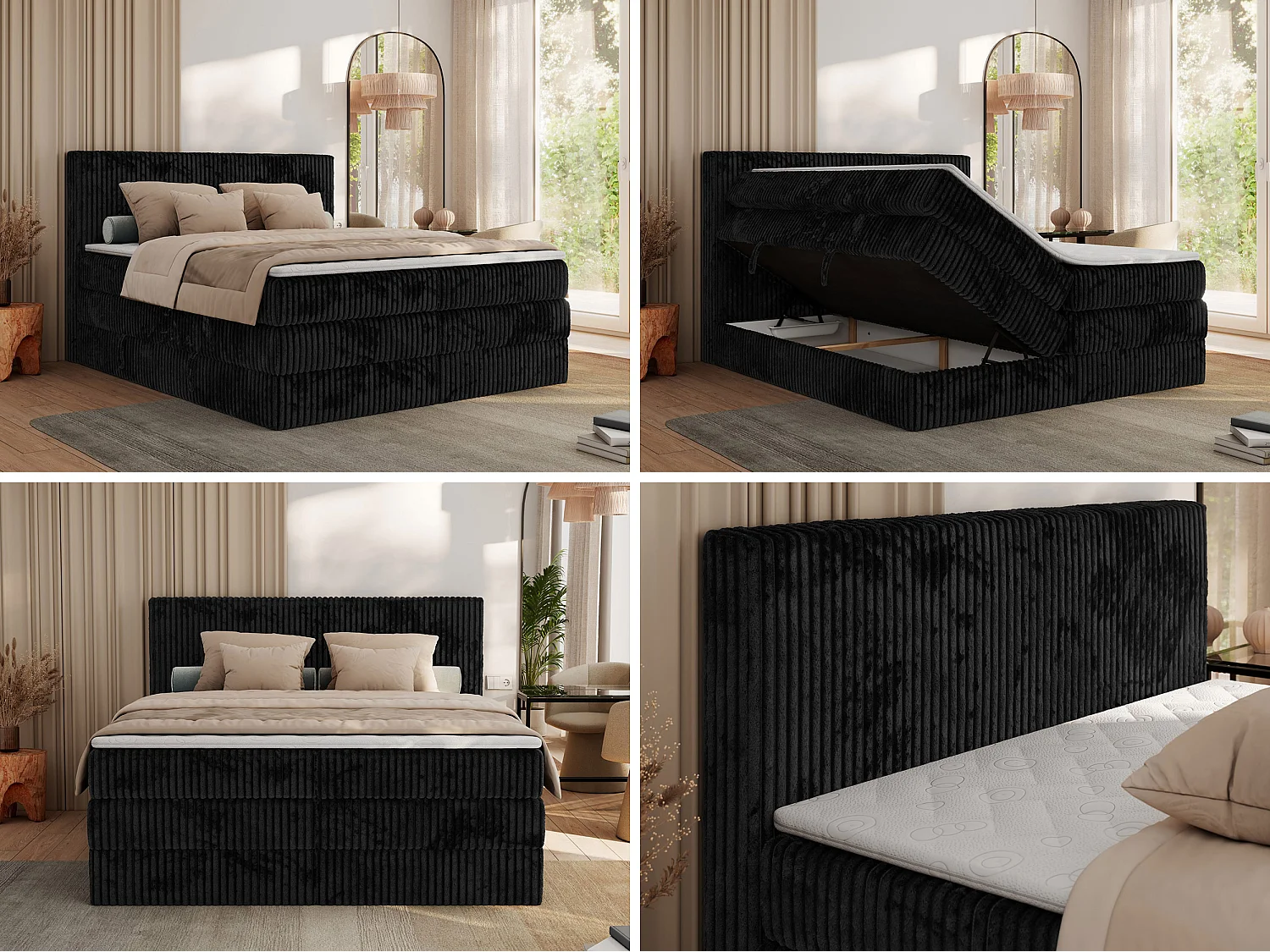 Boxspringbett TILIANO KING, Multipocket-Matratze, Cord Bett, Kopfteil und zwei Bettkästen - 200x200 cm - H3 - Schwarz Cord