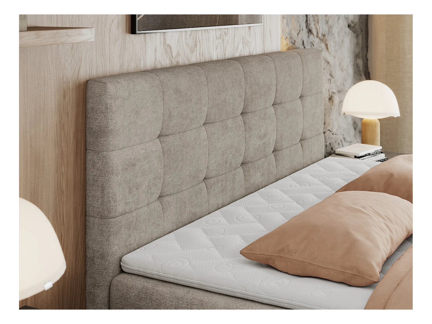 Boxspringbett CENTOS mit gestepptem Kopfteil, Multipocket-Matratze, Doppelbett mit Stauraum - 180x200 cm - H4 - Beige Struktur