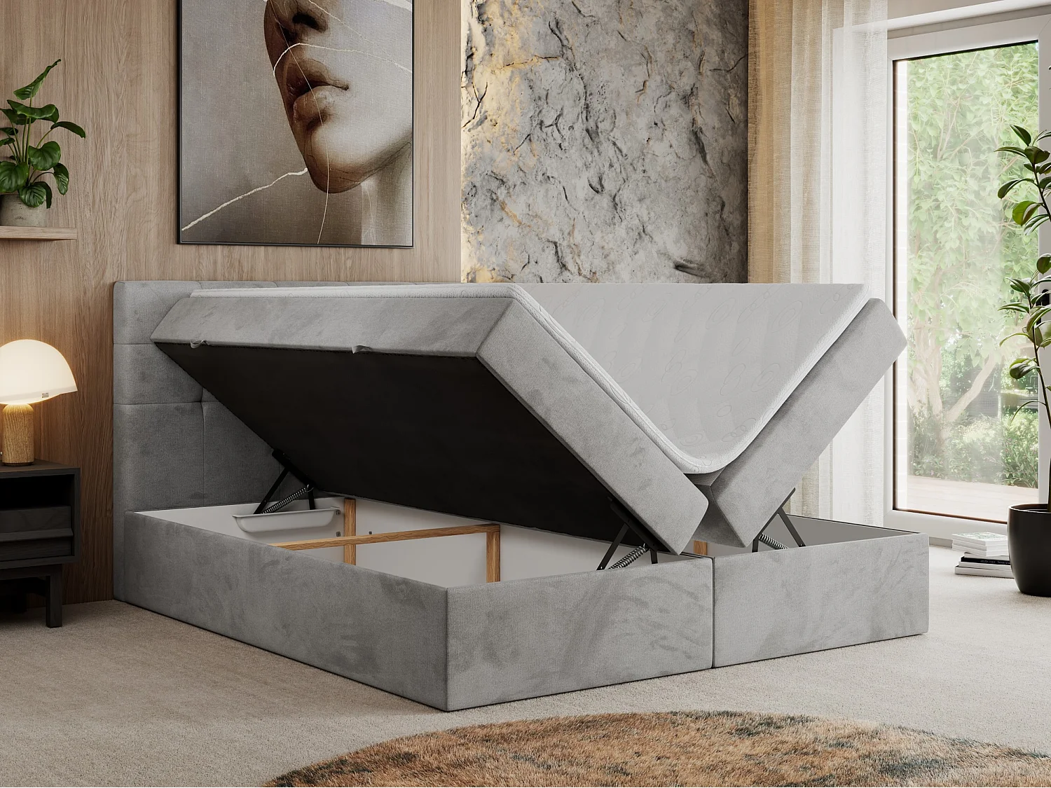 Boxspringbett CENTOS mit gestepptem Kopfteil, Multipocket-Matratze, Doppelbett mit Stauraum - 200x200 cm - H4 - Hellgrau Velvet