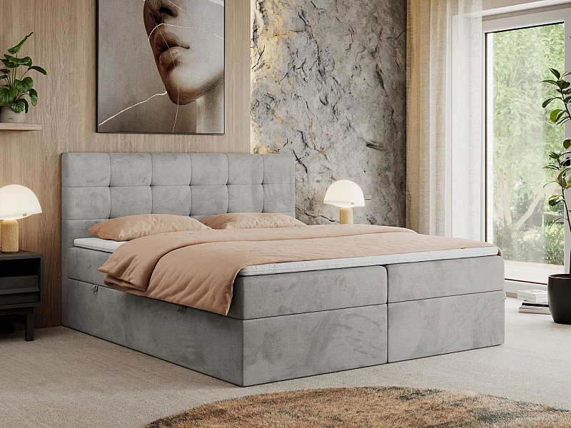 Boxspringbett CENTOS mit gestepptem Kopfteil, Multipocket-Matratze, Doppelbett mit Stauraum - 200x200 cm - H4 - Hellgrau Velvet