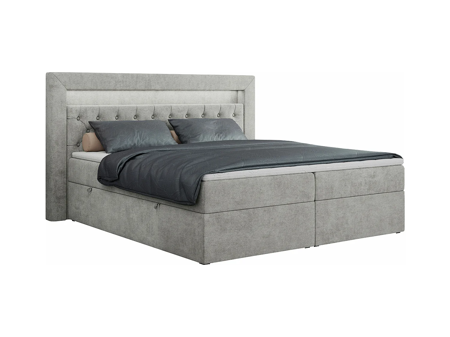 Boxspringbett GOLD 6, Doppelbett mit Stauraum, LED-Beleuchtung, gesteppte Kopfstütze - 180x200 cm - H4 - Hellgrau Strukture