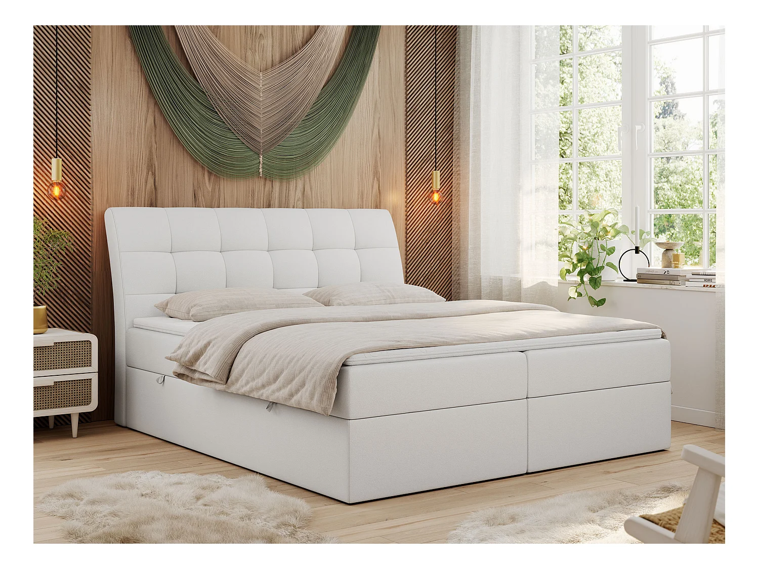 Boxspringbett DIEGOS mit Stauraum, gestepptem Kopfteil, Multipocket-Matratze - 160x200 cm - H4 - Weiß Kunstleder