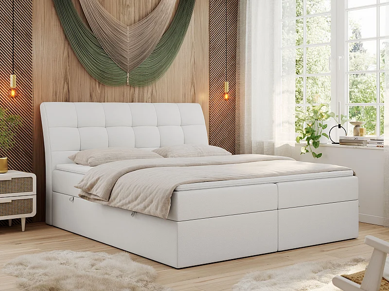 Boxspringbett DIEGOS mit Stauraum, gestepptem Kopfteil, Multipocket-Matratze - 160x200 cm - H4 - Weiß Kunstleder