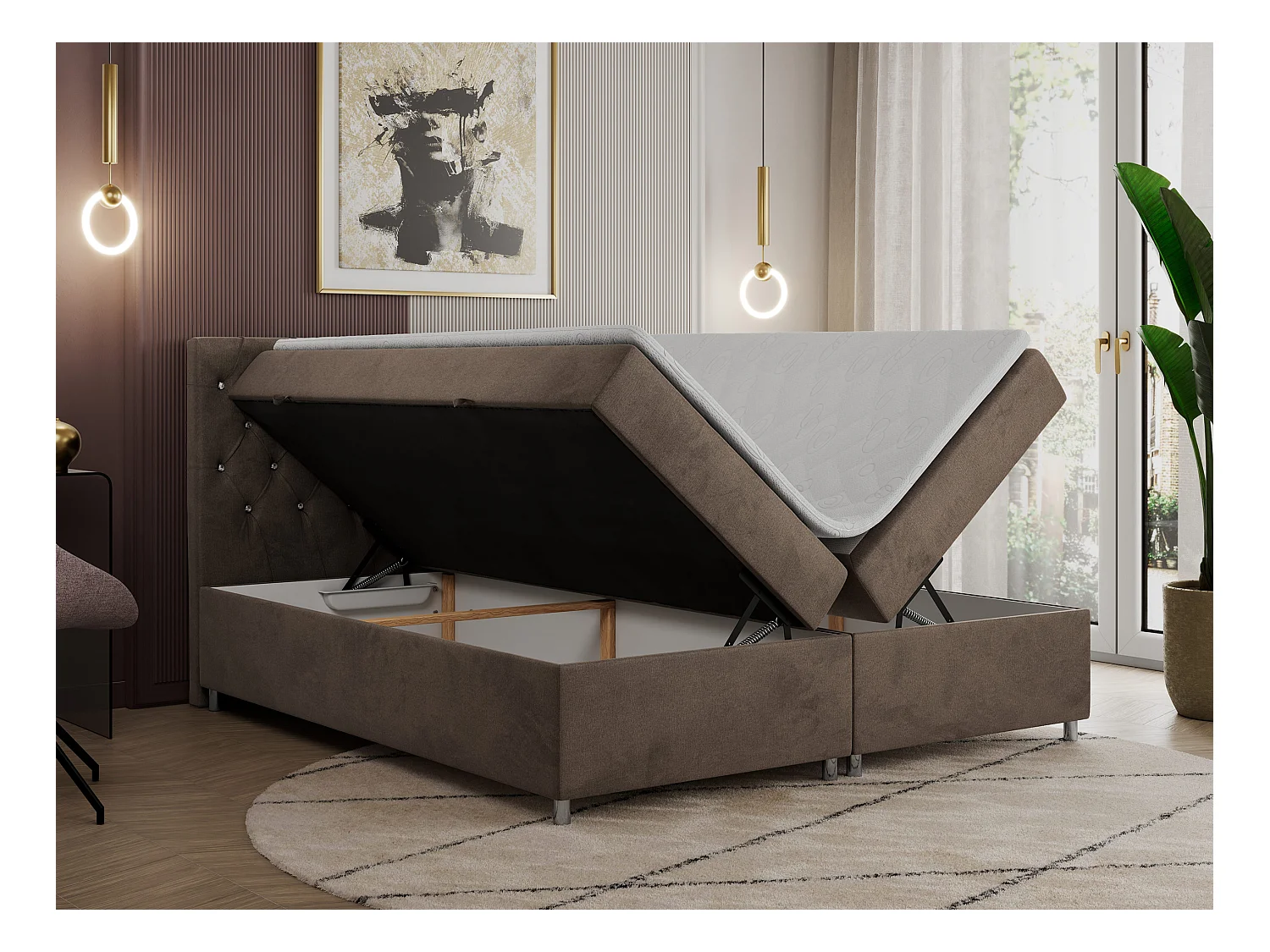 Boxspringbett ROMA mit gestepptem Kopfteil, Multipocket-Matratze, dekorative Füße - 120x200 cm - H3 - Braun Velvet