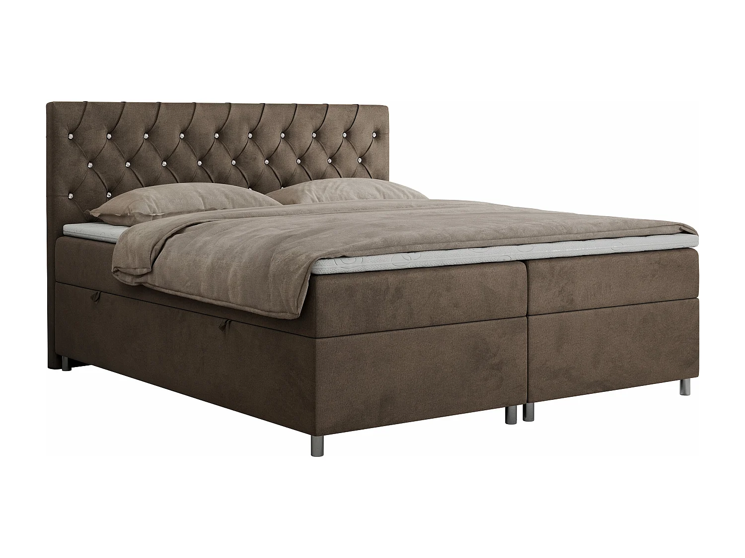 Boxspringbett ROMA mit gestepptem Kopfteil, Multipocket-Matratze, dekorative Füße - 120x200 cm - H3 - Braun Velvet