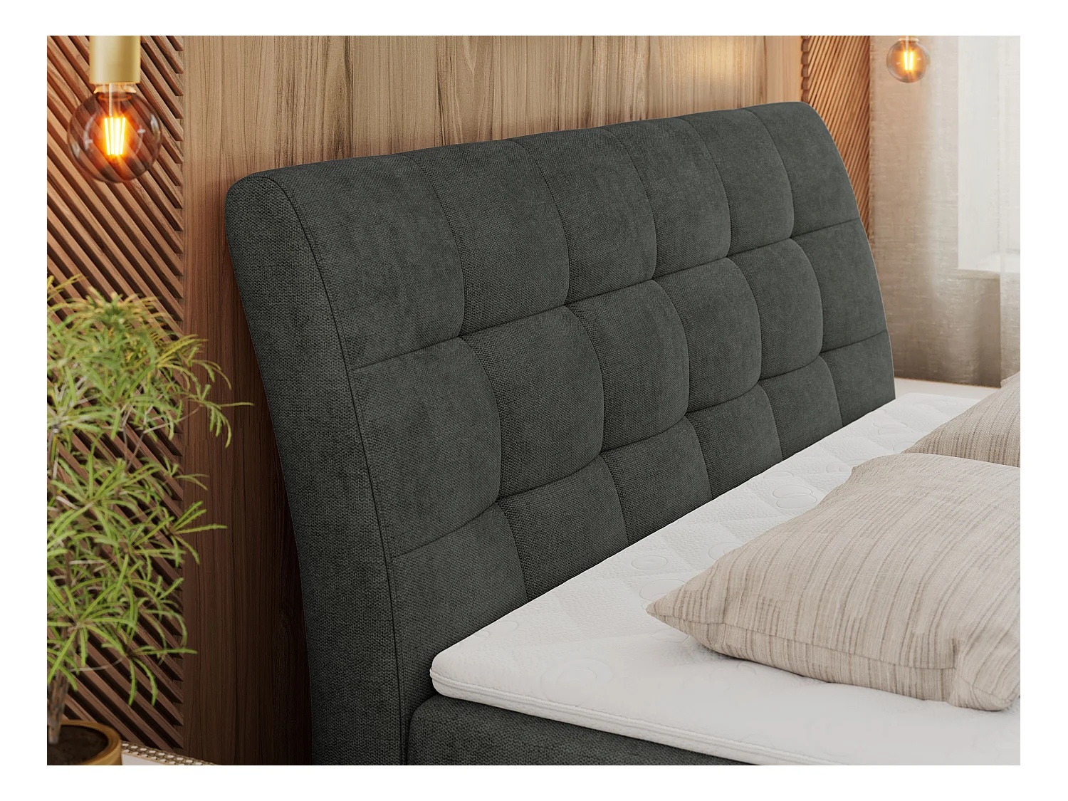 Boxspringbett DIEGOS mit Stauraum, gestepptem Kopfteil, Multipocket-Matratze - 120x200 cm - H3 - Dunkelgrau Strukture