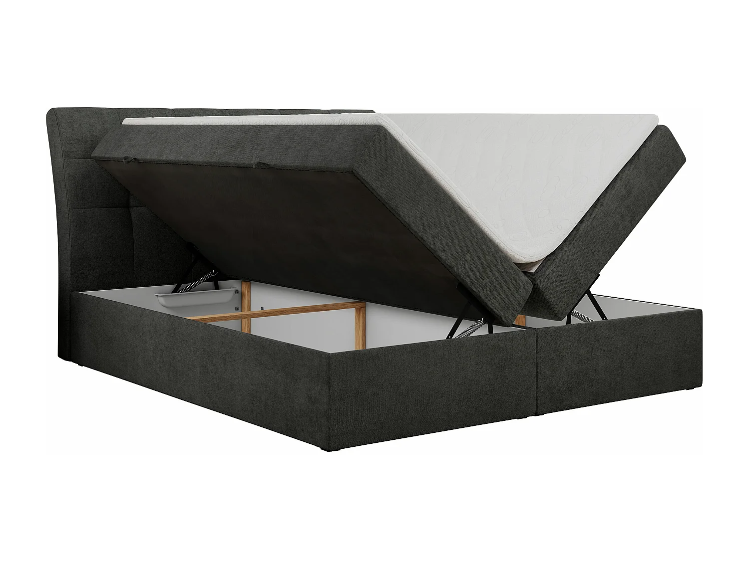 Boxspringbett DIEGOS mit Stauraum, gestepptem Kopfteil, Multipocket-Matratze - 120x200 cm - H3 - Dunkelgrau Strukture