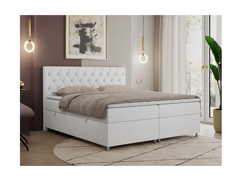 Boxspringbett ROMA mit gestepptem Kopfteil, Multipocket-Matratze, dekorative Füße - 140x200 cm - H4 - Weiß Kunstleder