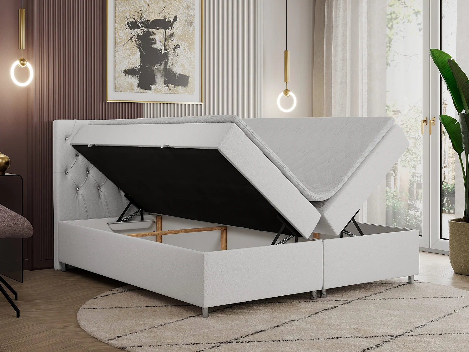 Boxspringbett ROMA mit gestepptem Kopfteil, Multipocket-Matratze, dekorative Füße - 140x200 cm - H4 - Weiß Kunstleder