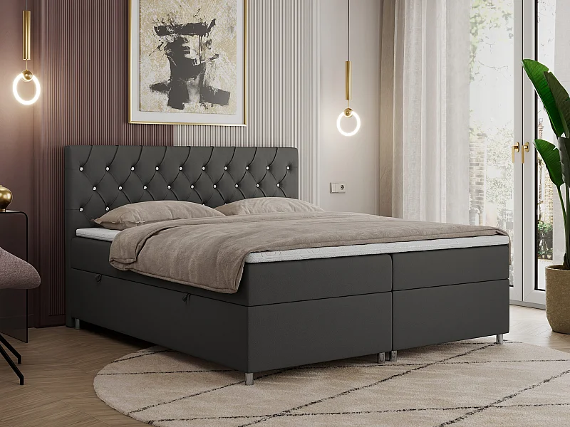 Boxspringbett ROMA mit gestepptem Kopfteil, Multipocket-Matratze, dekorative Füße - 140x200 cm - H3 - Dunkelgrau Kunstleder