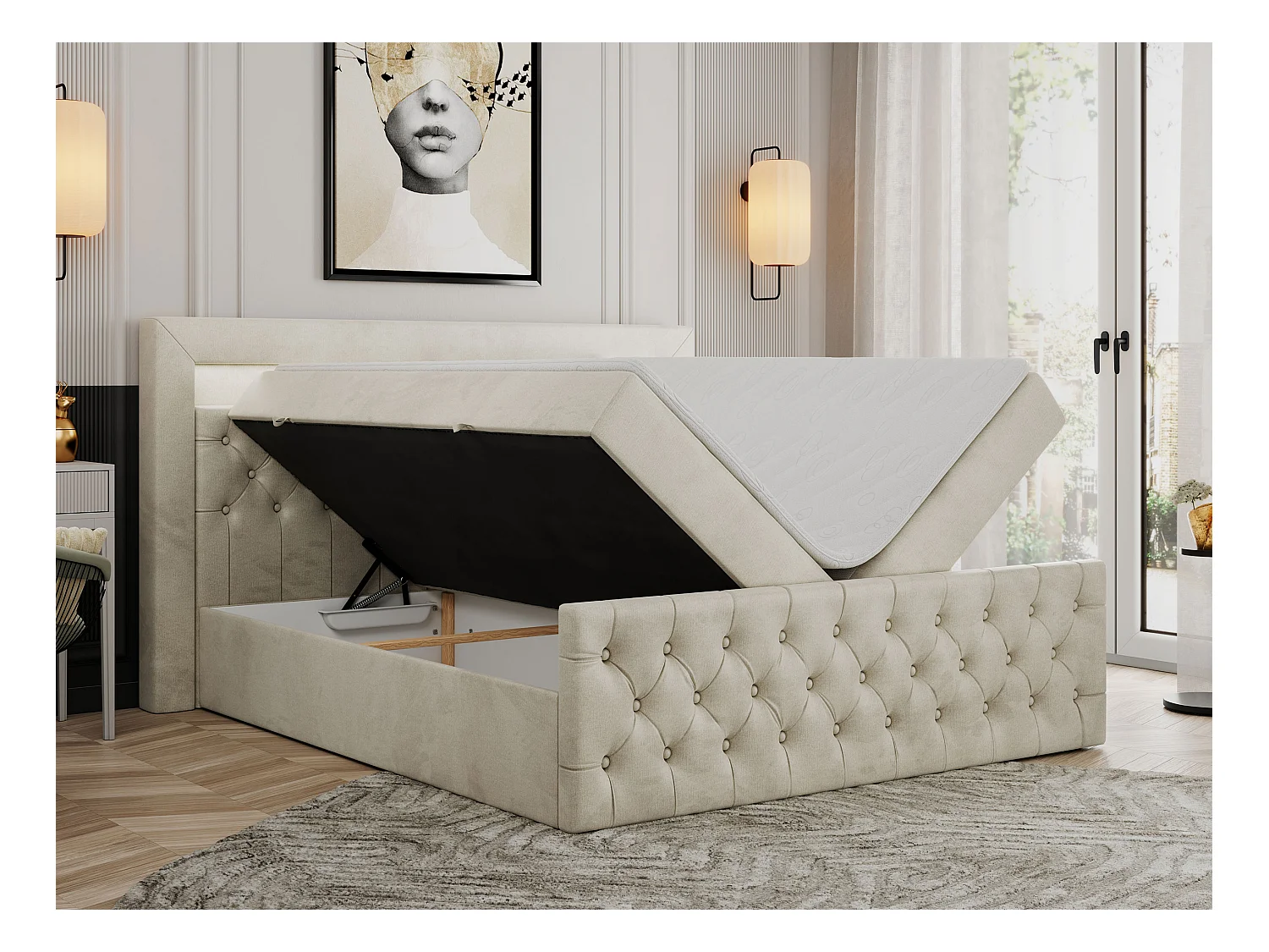 Boxspringbett GOLD 9 mit Stauraum, Multipocket-Matratze, gestepptes Bett, LED Beleuchtung - 120x200 cm - H4 - Beige Velvet