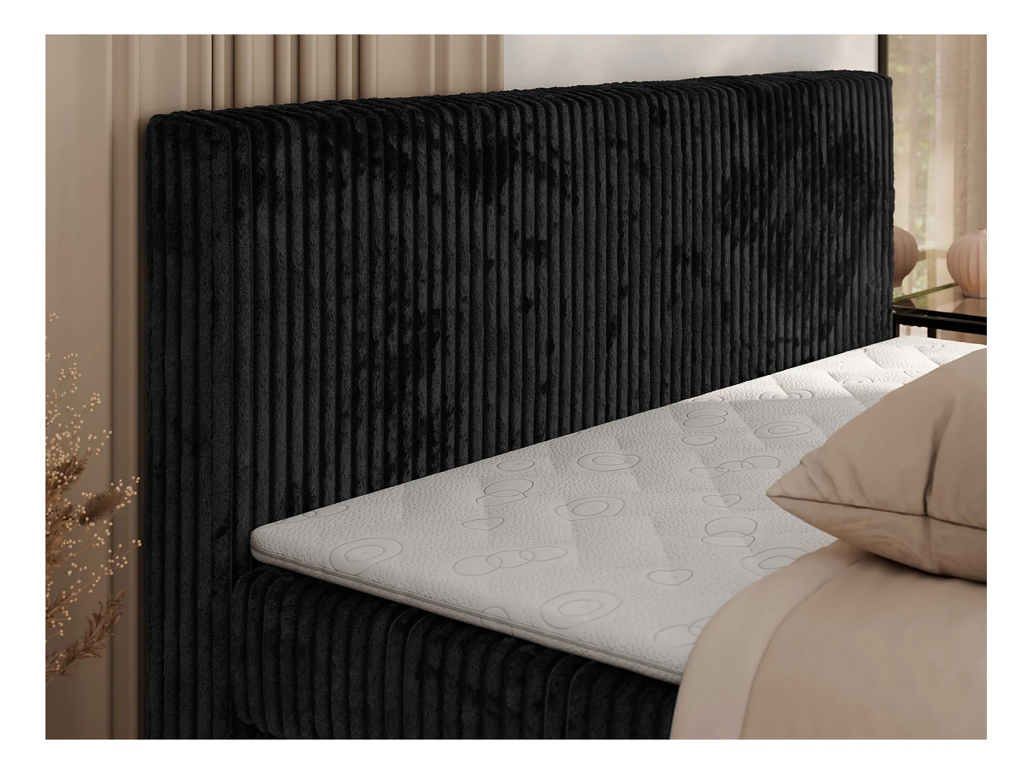 Boxspringbett TILIANO KING, Multipocket-Matratze, Cord Bett, Kopfteil und zwei Bettkästen - 180x200 cm - H3 - Schwarz Cord
