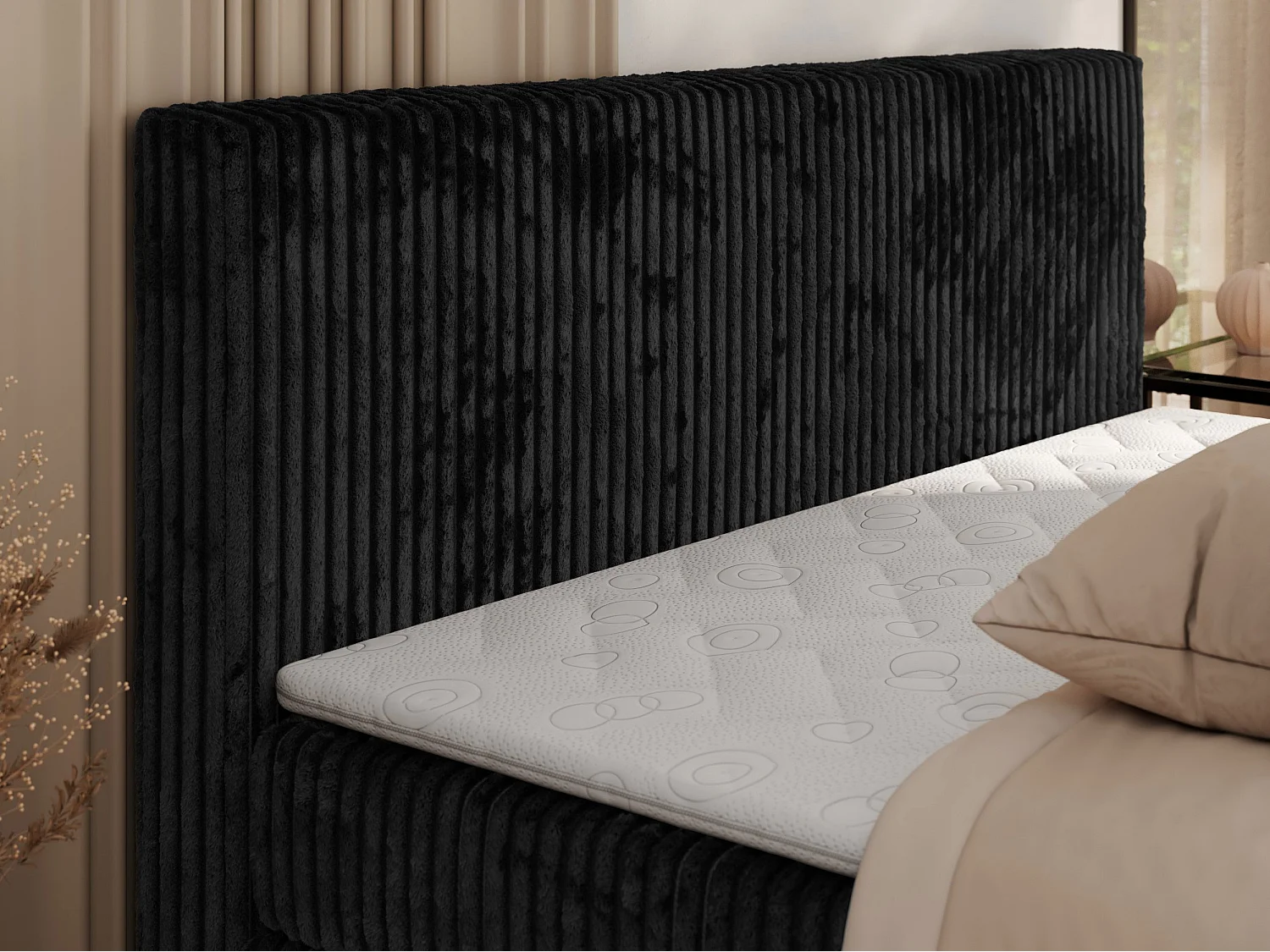 Boxspringbett TILIANO KING, Multipocket-Matratze, Cord Bett, Kopfteil und zwei Bettkästen - 180x200 cm - H3 - Schwarz Cord