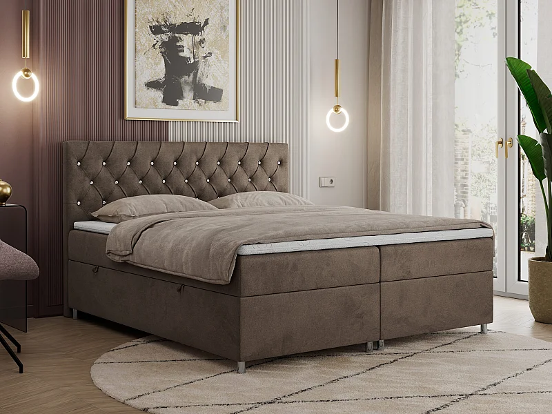 Boxspringbett ROMA mit gestepptem Kopfteil, Multipocket-Matratze, dekorative Füße - 160x200 cm - H3 - Braun Velvet