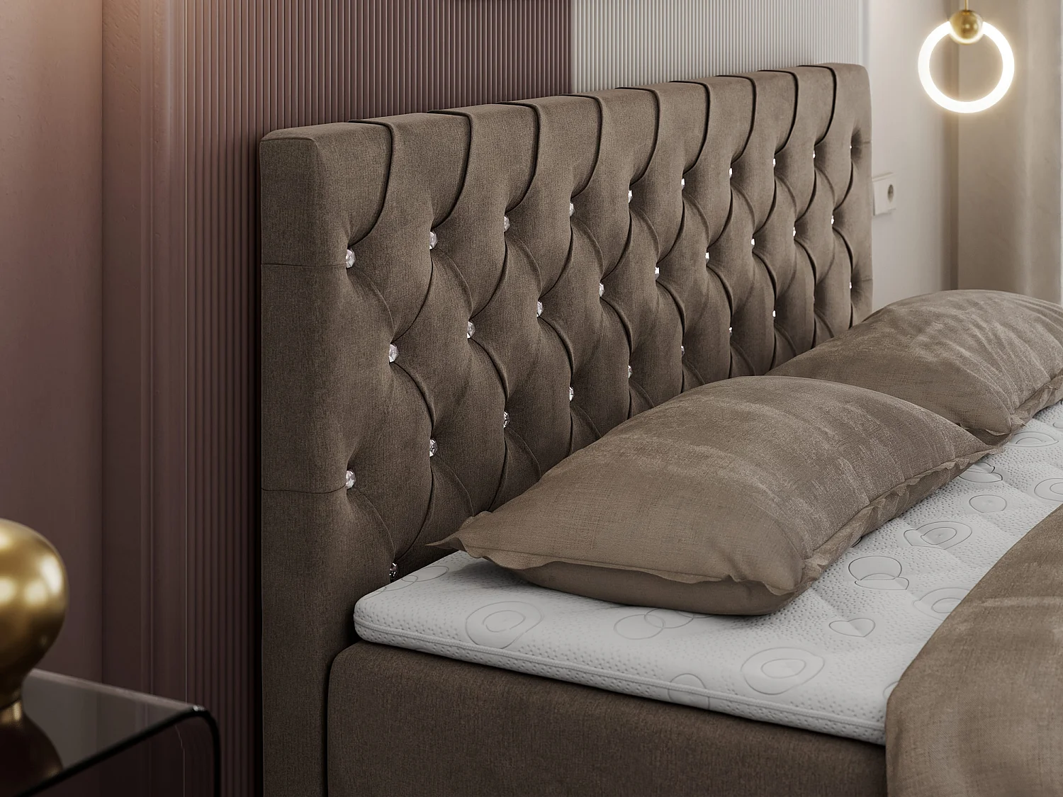 Boxspringbett ROMA mit gestepptem Kopfteil, Multipocket-Matratze, dekorative Füße - 160x200 cm - H3 - Braun Velvet