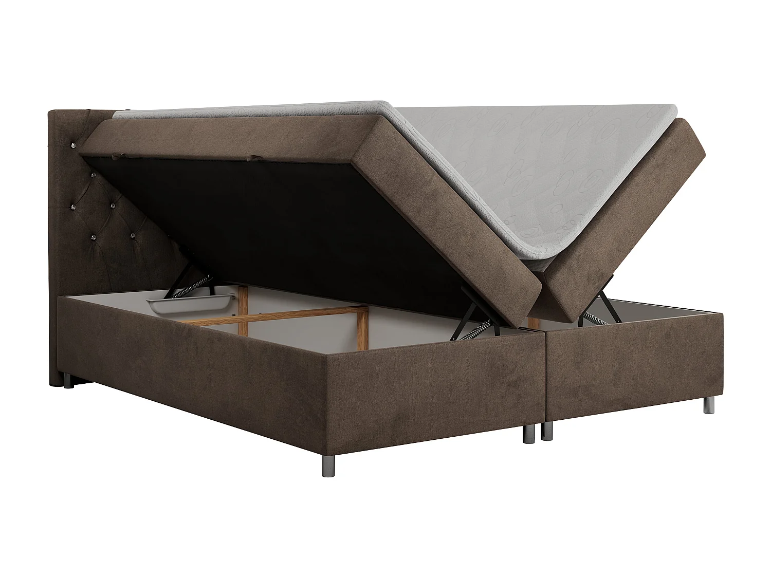 Boxspringbett ROMA mit gestepptem Kopfteil, Multipocket-Matratze, dekorative Füße - 160x200 cm - H3 - Braun Velvet
