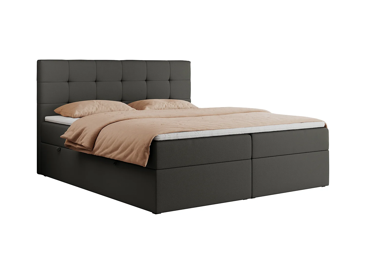 Boxspringbett CENTOS mit gestepptem Kopfteil, Multipocket-Matratze, Doppelbett mit Stauraum - 200x200 cm - H3 - Dunkelgrau Kunstleder