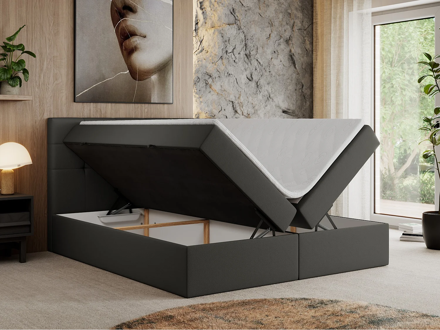 Boxspringbett CENTOS mit gestepptem Kopfteil, Multipocket-Matratze, Doppelbett mit Stauraum - 200x200 cm - H3 - Dunkelgrau Kunstleder