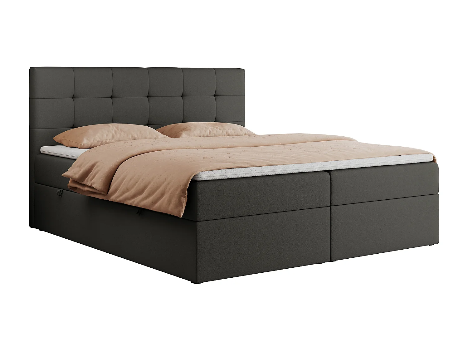 Boxspringbett CENTOS mit gestepptem Kopfteil, Multipocket-Matratze, Doppelbett mit Stauraum - 200x200 cm - H3 - Dunkelgrau Kunstleder