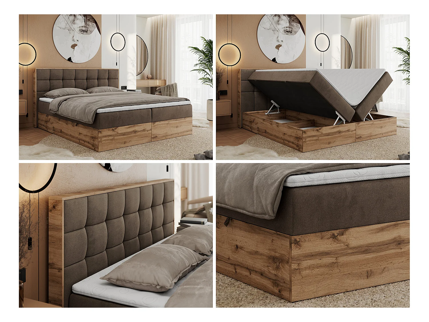 Boxspringbett ALBERO 1, Polsterbett mit gestepptem Kopfteil, Multipocket-Matratze - 160x200 cm - H4 - Braun Velvet