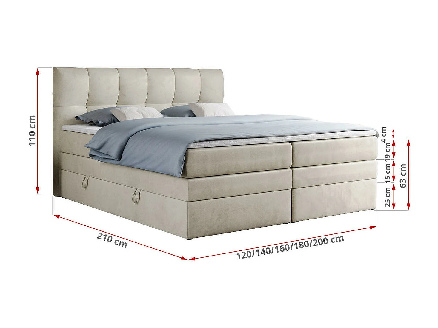 Boxspringbett ALVIN KING, mit zwei Multipocket-Matratzen, Bettkästen, genähtes Kopfteil - 120x200 cm - H4 - Beige Velvet