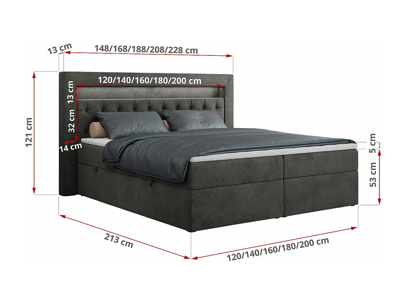 Boxspringbett GOLD 6, Doppelbett mit Stauraum, LED-Beleuchtung, gesteppte Kopfstütze - 140x200 cm - H3 - Dunkelgrau Velvet