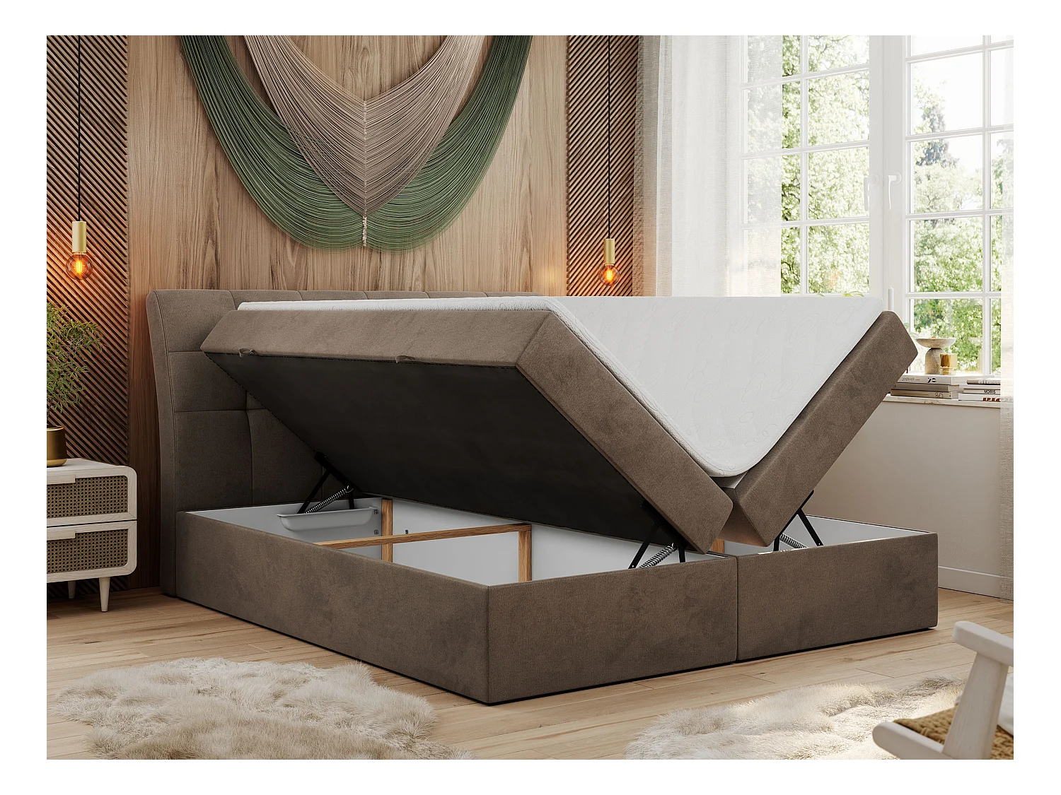 Boxspringbett DIEGOS mit Stauraum, gestepptem Kopfteil, Multipocket-Matratze - 200x200 cm - H4 - Braun Velvet