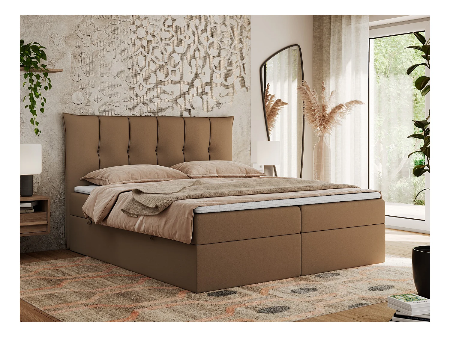 Boxspringbett PREMIUM 10 mit Multipocket-Matratze, gesteppte Kopfstütze, zwei Bettkästen - 200x200 cm - H3 - Braun Kunstleder
