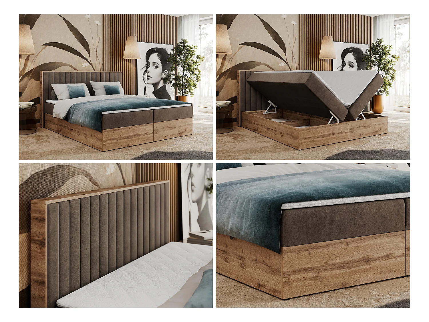 Boxspringbett ALBERO 4, Eiche Wotan Holzrahmen, mit Stauraum, genähtes Kopfteil - 120x200 cm - H4 - Braun Velvet