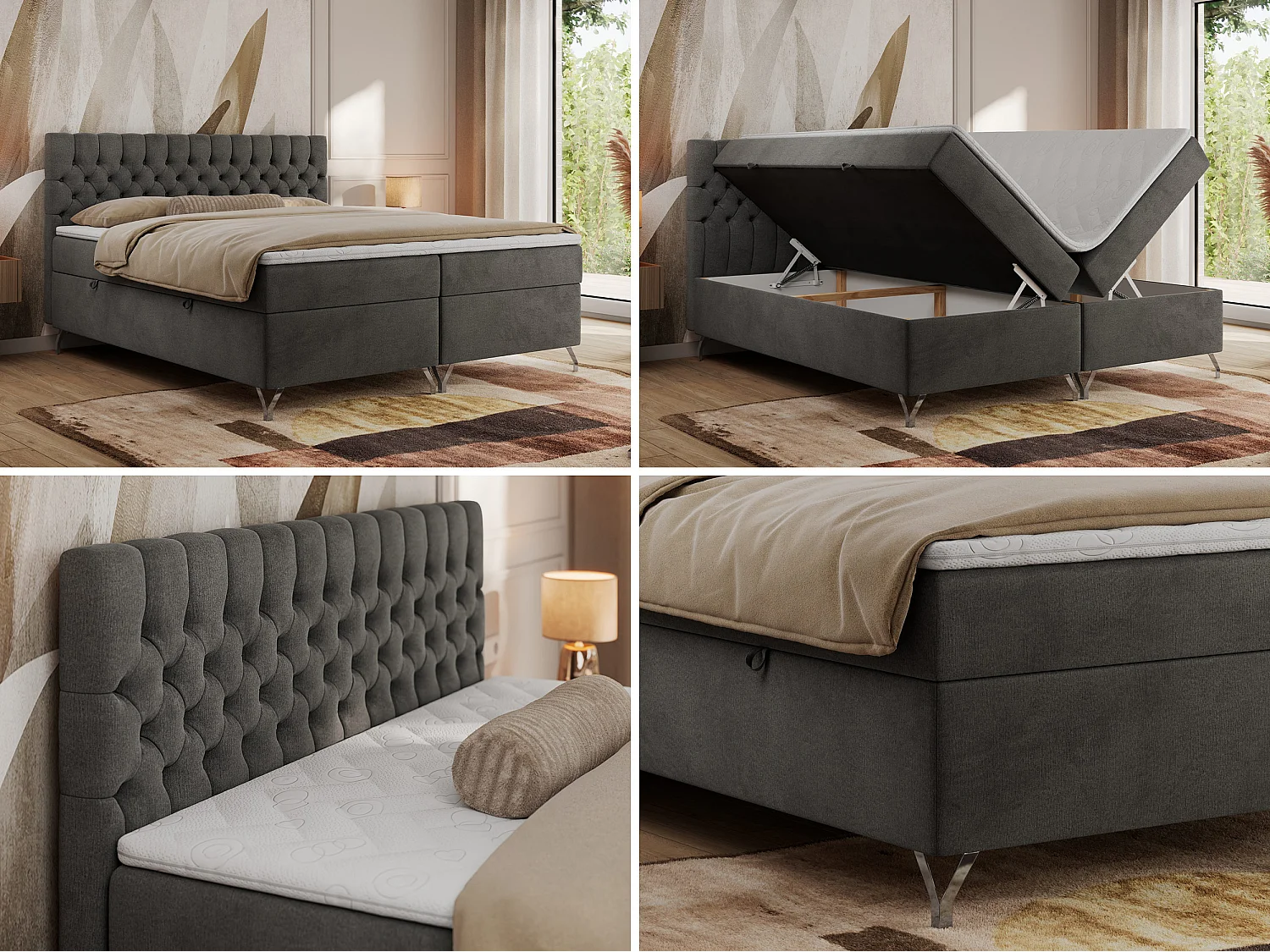 Boxspringbett GRIMALDI mit zwei Bettkästen, gesteppter Kopfstütze, Metallfüßen - 200x200 cm - H3 - Dunkelgrau Velvet