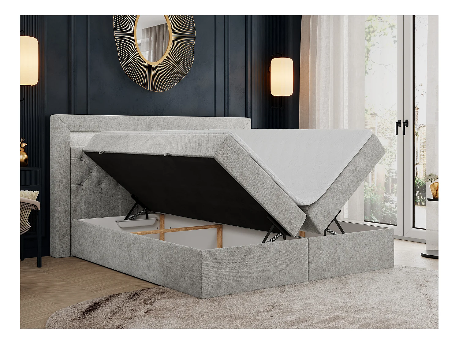 Boxspringbett GOLD 6, Doppelbett mit Stauraum, LED-Beleuchtung, gesteppte Kopfstütze - 200x200 cm - H4 - Hellgrau Strukture