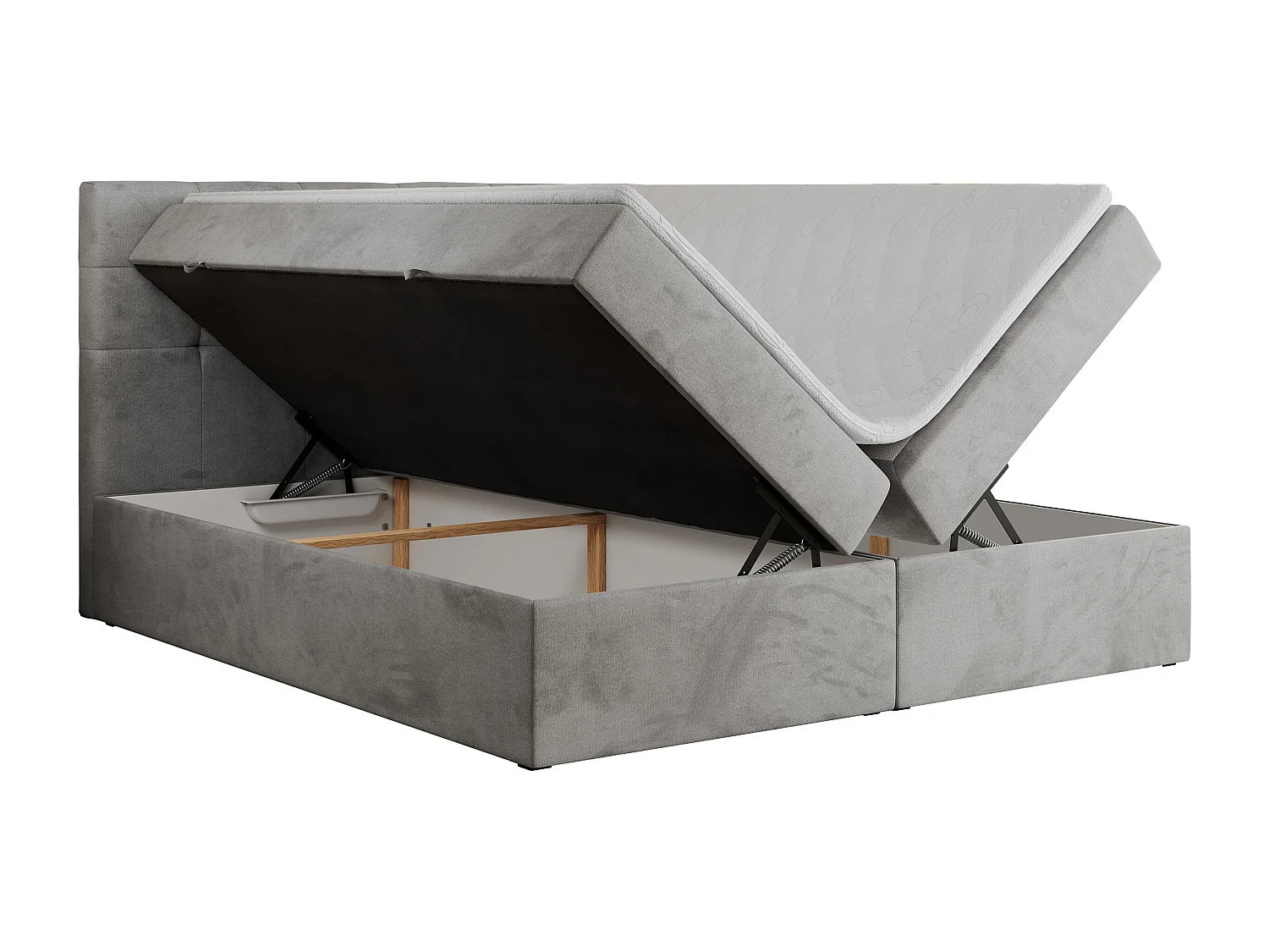 Boxspringbett CENTOS mit gestepptem Kopfteil, Multipocket-Matratze, Doppelbett mit Stauraum - 180x200 cm - H4 - Hellgrau Velvet
