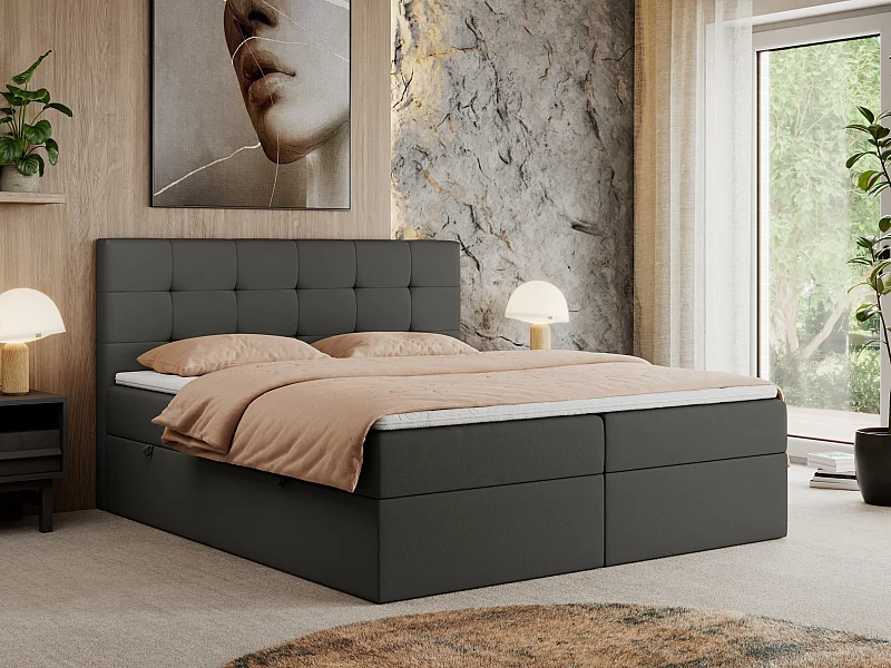 Boxspringbett CENTOS mit gestepptem Kopfteil, Multipocket-Matratze, Doppelbett mit Stauraum - 180x200 cm - H3 - Dunkelgrau Kunstleder
