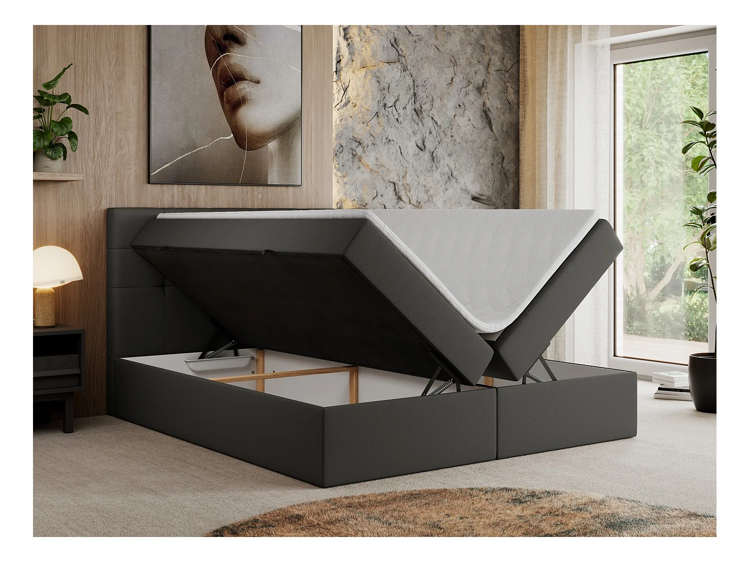 Boxspringbett CENTOS mit gestepptem Kopfteil, Multipocket-Matratze, Doppelbett mit Stauraum - 180x200 cm - H3 - Dunkelgrau Kunstleder