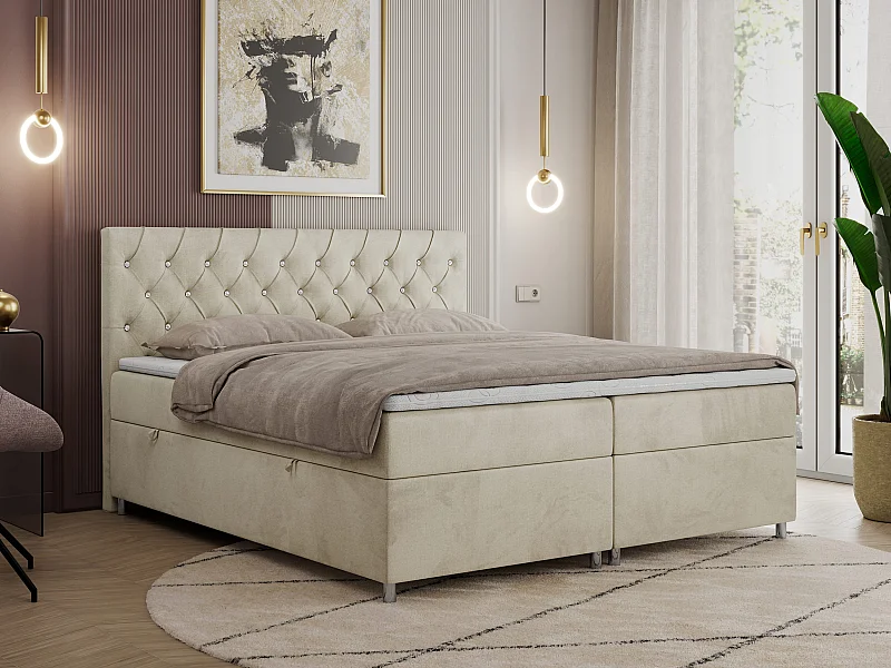 Boxspringbett ROMA mit gestepptem Kopfteil, Multipocket-Matratze, dekorative Füße - 160x200 cm - H3 - Beige Velvet