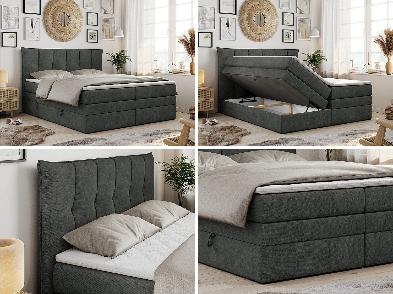Boxspringbed met hoofdbord H4 + Topper T25 - Donkergrijs Structuurstof - 160x200 - PREMIUM 10 KING