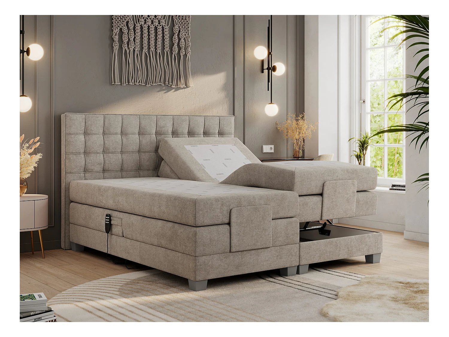 Boxspringbett ELEKTRO mit Multipocket-Matratze, Elektrisch verstellbare, genähtes Kopfteil - 140x200 cm - H3 - Beige Strukture