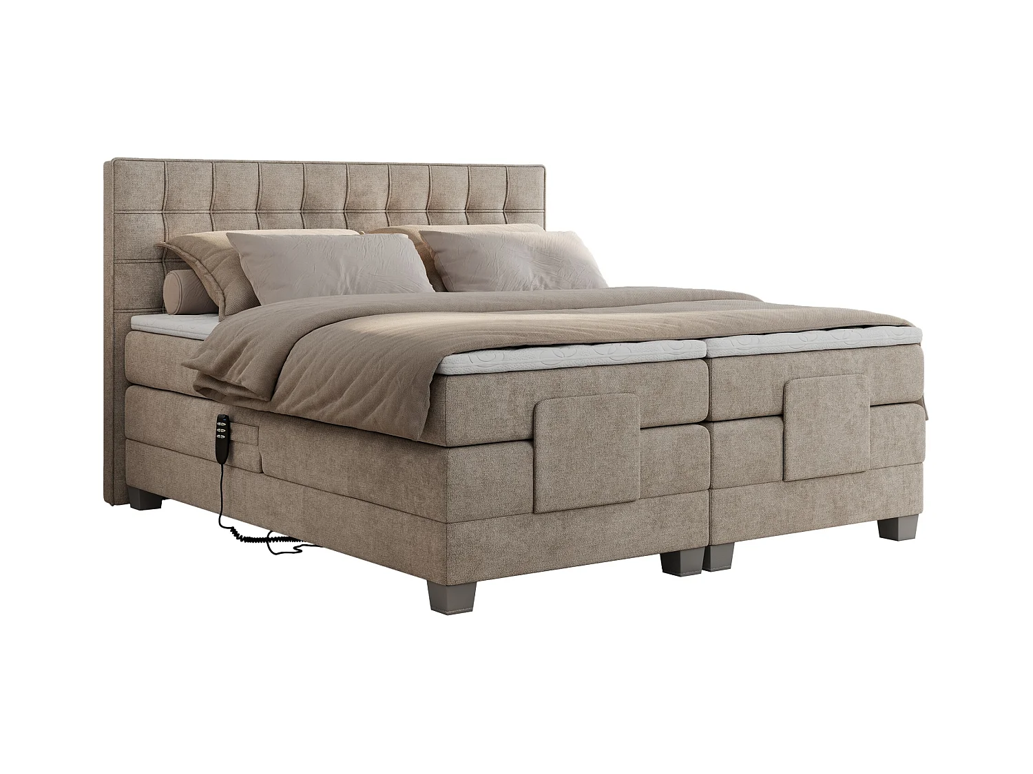 Boxspringbett ELEKTRO mit Multipocket-Matratze, Elektrisch verstellbare, genähtes Kopfteil - 140x200 cm - H3 - Beige Strukture