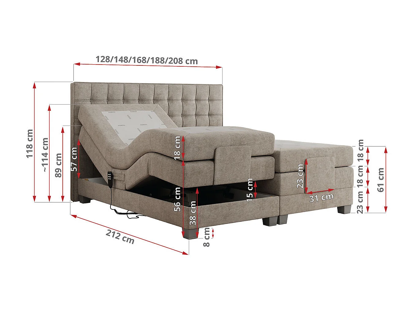 Boxspringbett ELEKTRO mit Multipocket-Matratze, Elektrisch verstellbare, genähtes Kopfteil - 140x200 cm - H3 - Beige Strukture