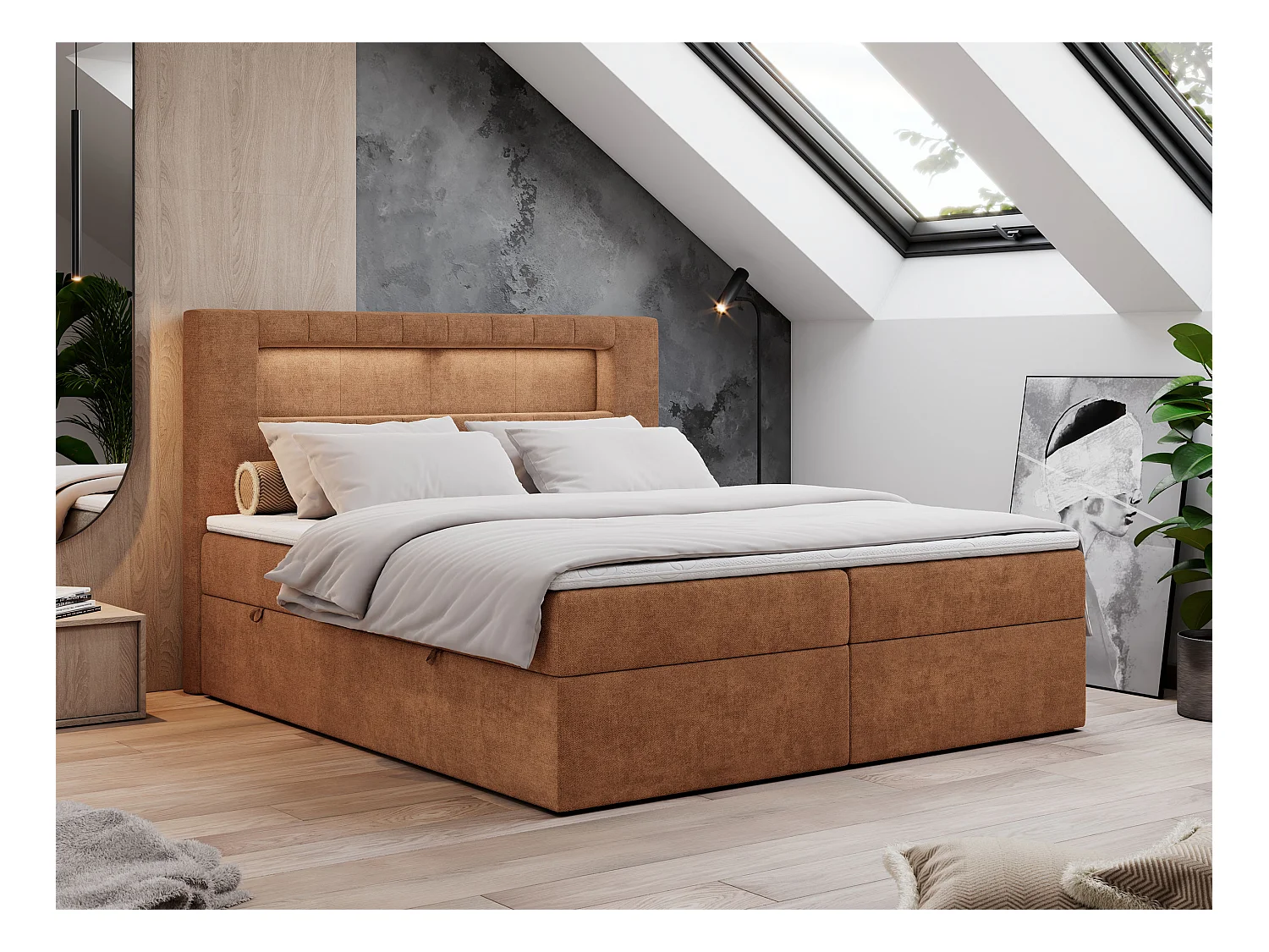 Boxspringbett GOLD 5 mit Multipocket-Matratze und LED, zwei Bettkästen - 180x200 cm - H3 - Orange Strukture